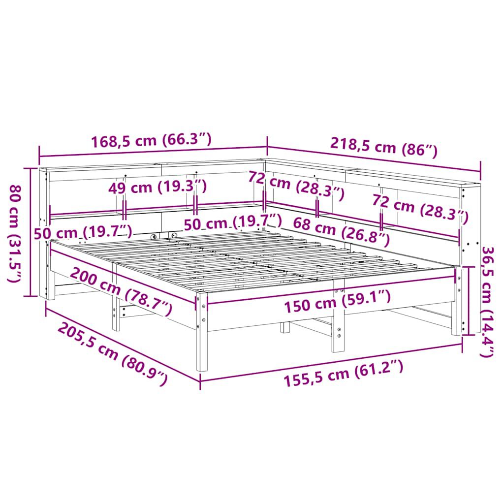 vidaXL Κρεβάτι Βιβλιοθήκη Χωρίς Στρώμα 150x200 εκ Μασίφ Ξύλο Πεύκου