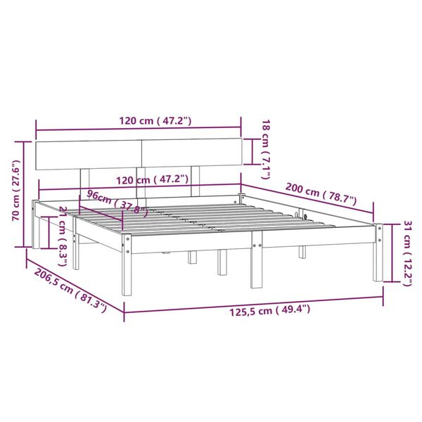 vidaXL Πλαίσιο Κρεβατιού Μαύρο 120 x 200 εκ. από Μασίφ Ξύλο Πεύκου
