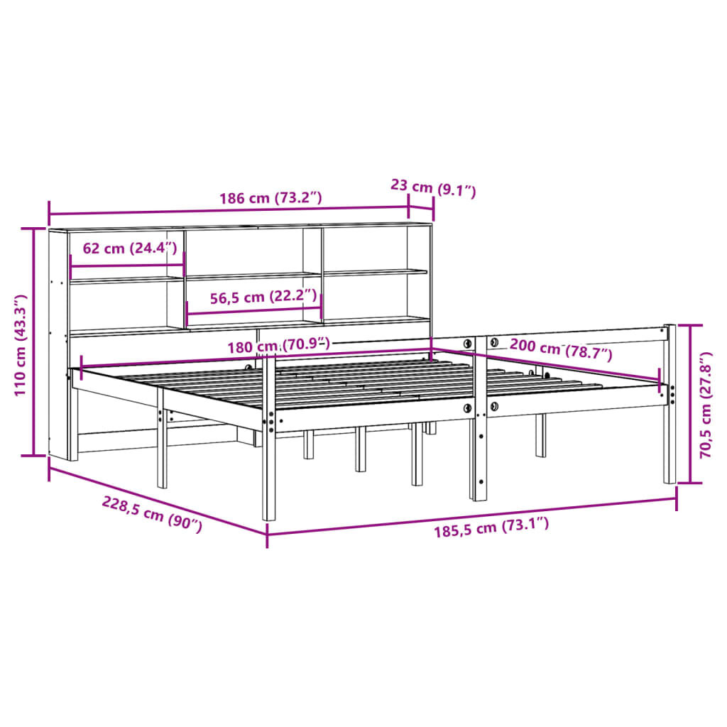 vidaXL Κρεβάτι Βιβλιοθήκη Χωρίς Στρώμα 180x200 εκ Μασίφ Ξύλο Πεύκου