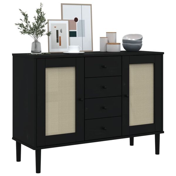 vidaXL Μπουφές SENJA Μαύρο / Ρατάν 112 x 40 x 80 εκ. Μασίφ Ξύλο Πεύκου