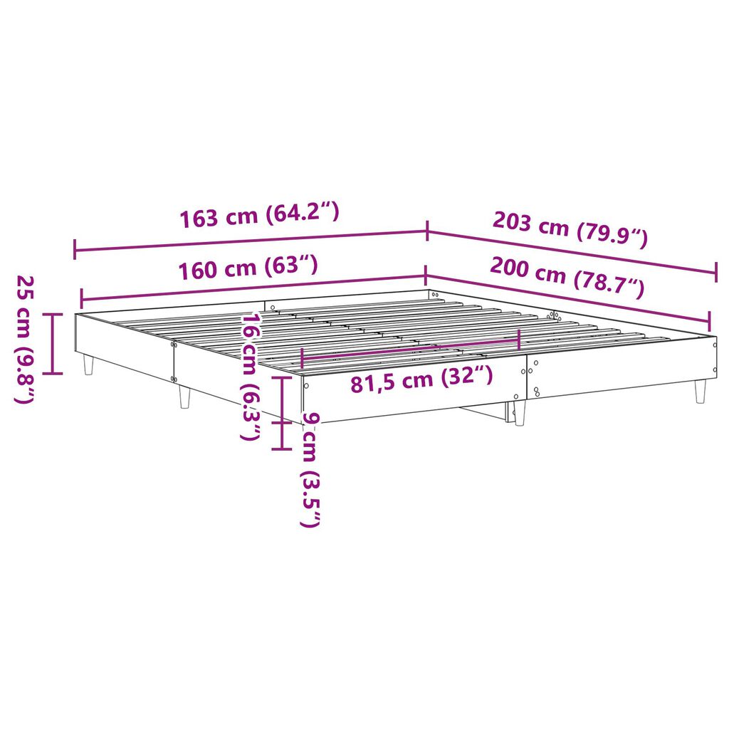 vidaXL Κρεβάτι Μαύρο Δρυ 160x200 εκ. Επεξεργασμένο Ξύλο