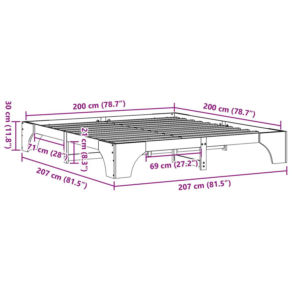 vidaXL Κρεβάτι Φυσικό Μασίφ ξύλο πεύκου 200 x 200 εκ. Κρεβάτι