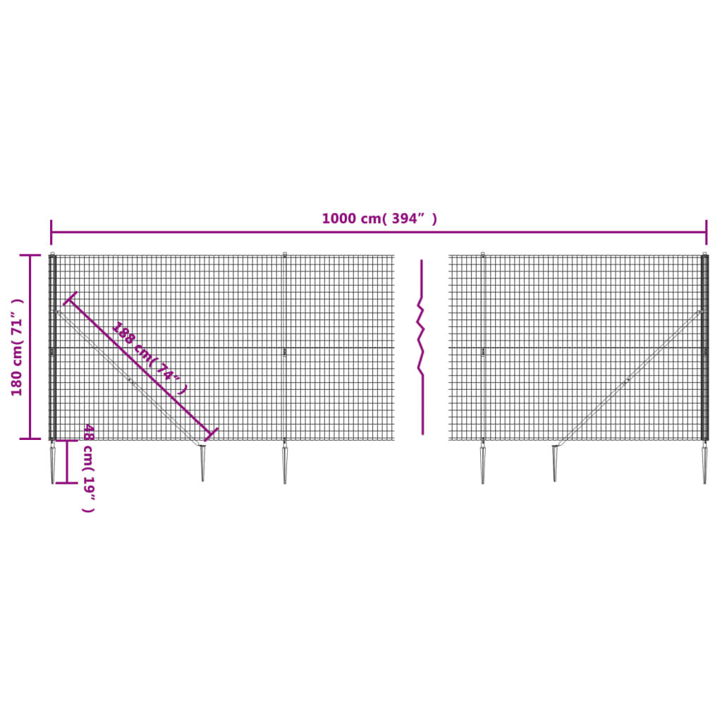 vidaXL Συρματόπλεγμα Περίφραξης Ανθρακί 1,8 x 10 μ. με Καρφωτές Βάσεις