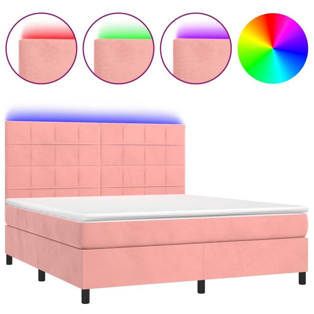 vidaXL Κρεβάτι Boxspring με Στρώμα & LED Ροζ 180x200 εκ. Βελούδινο