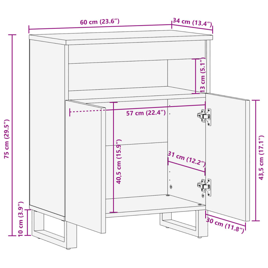 vidaXL Ντουλάπι 60 x 34 x 75 εκ. από Μασίφ Ξύλο Μάνγκο
