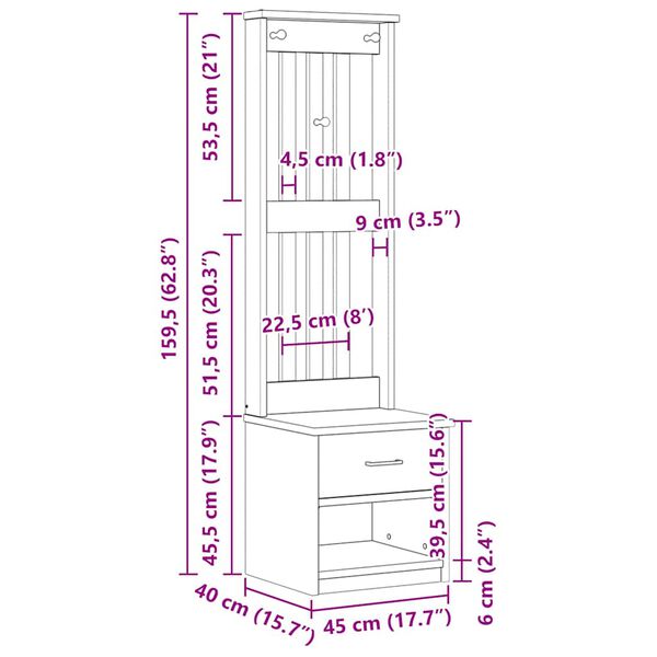 vidaXL Δέντρο χωλ "SANDNES" 45x40x159,5 εκ.Πεύκο μασίφ ξύλο
