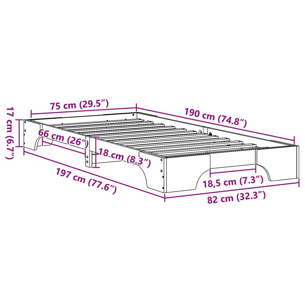vidaXL Κρεβάτι Κερωτό Καφέ Μασίφ Ξύλο 75 x 190 εκ. Κρεβάτι Ορθογώνιο