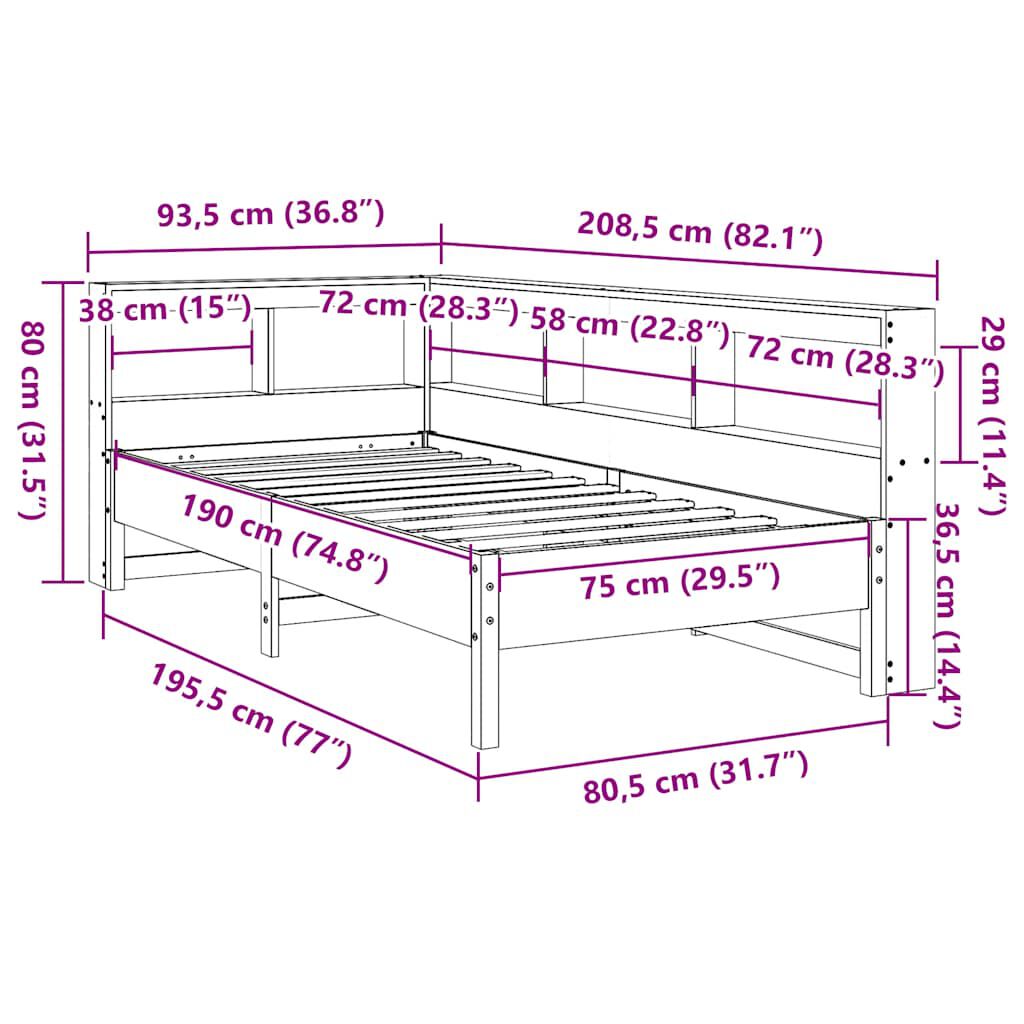 vidaXL Κρεβάτι Βιβλιοθήκη Χωρίς Στρώμα 75x190 εκ Μασίφ Ξύλο Πεύκου