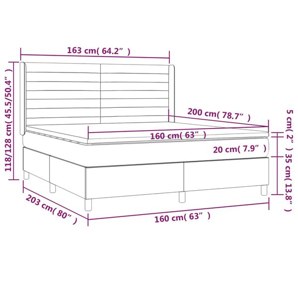 vidaXL Κρεβάτι Boxspring με Στρώμα & LED Σκ. Γκρι 160x200εκ. Βελούδινο