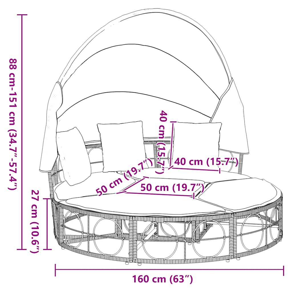 vidaXL Εξωτερική Lounge κρεβάτι με θόλο και μαξιλάρια Poly Rattan