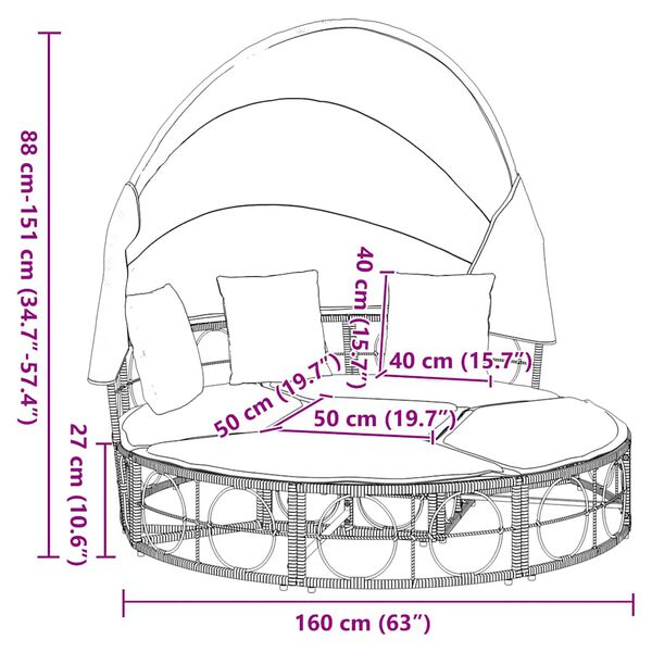vidaXL Εξωτερική Lounge κρεβάτι με θόλο και μαξιλάρια Poly Rattan
