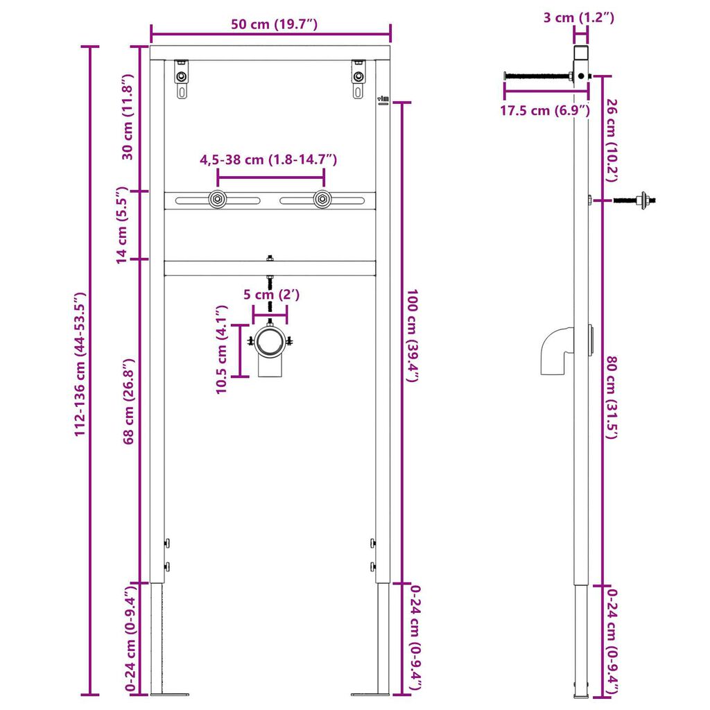 vidaXL Κρυφός Στήριγμα Τοίχου για Λεκάνη 50x112-136 εκ. Χάλυβας