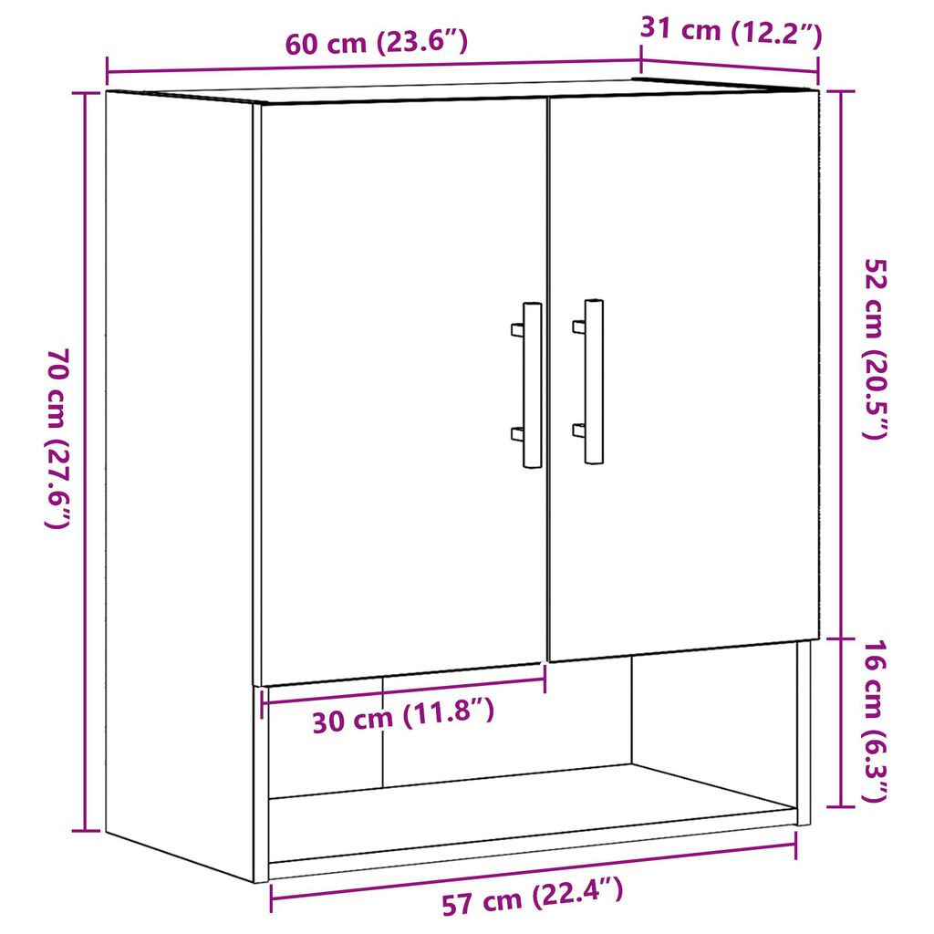 vidaXL Ντουλάπα Τοίχου Μαύρη Δρυς 60x31x70 εκ Πλαστικό Ξύλο