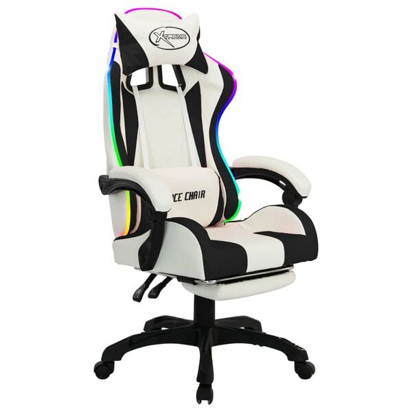 vidaXL Καρέκλα Racing με Φωτισμό RGB LED Ασπρόμαυρη Συνθετικό Δέρμα
