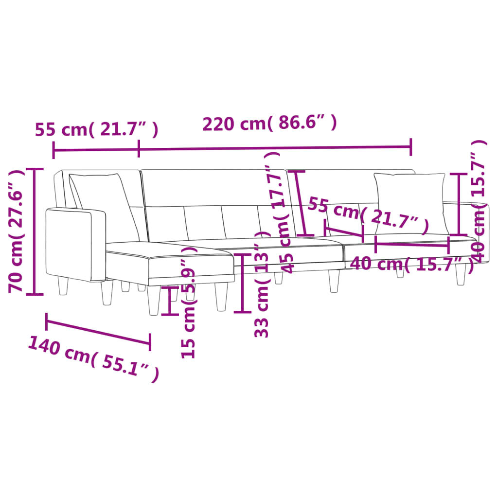 vidaXL Καναπές Κρεβάτι Γωνιακός Αν. Γκρι 275x140x70 εκ. Υφασμάτινος