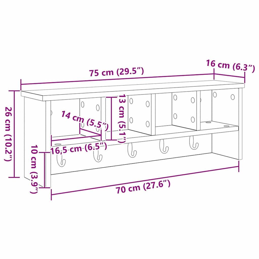 vidaXL Τοίχου Κρεμάστρα Μαύρη δρυς 75 x 16 x 26 εκ Επεξεργασμένο ξύλο