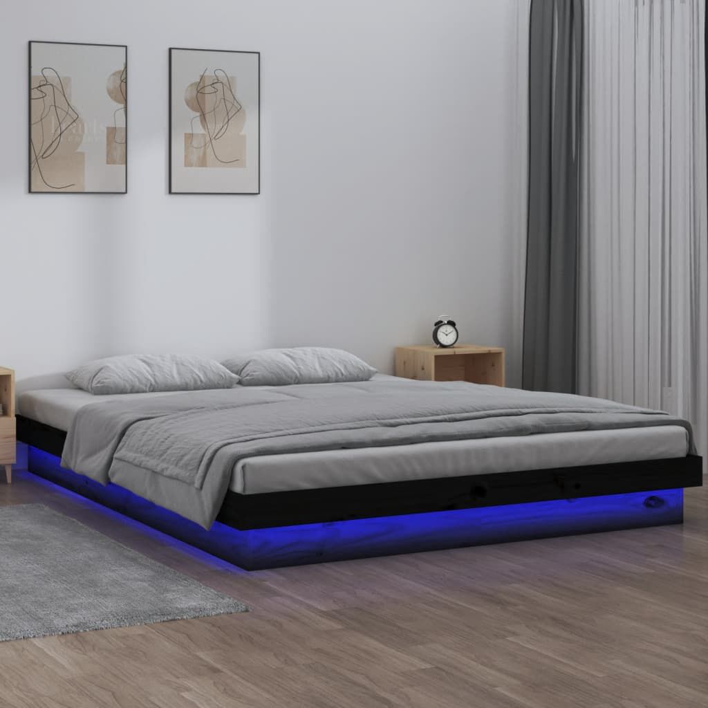 vidaXL Πλαίσιο Κρεβατιού με LED Μαύρο 140 x 190 εκ. από Μασίφ Ξύλο