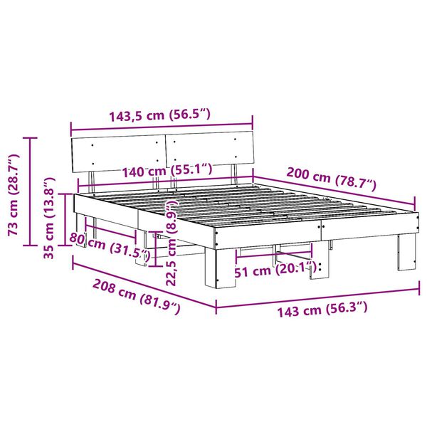 vidaXL Σκελετός Κρεβατιού Καφέ 140 x 200 cm Συμπαγές ξύλο πεύκου
