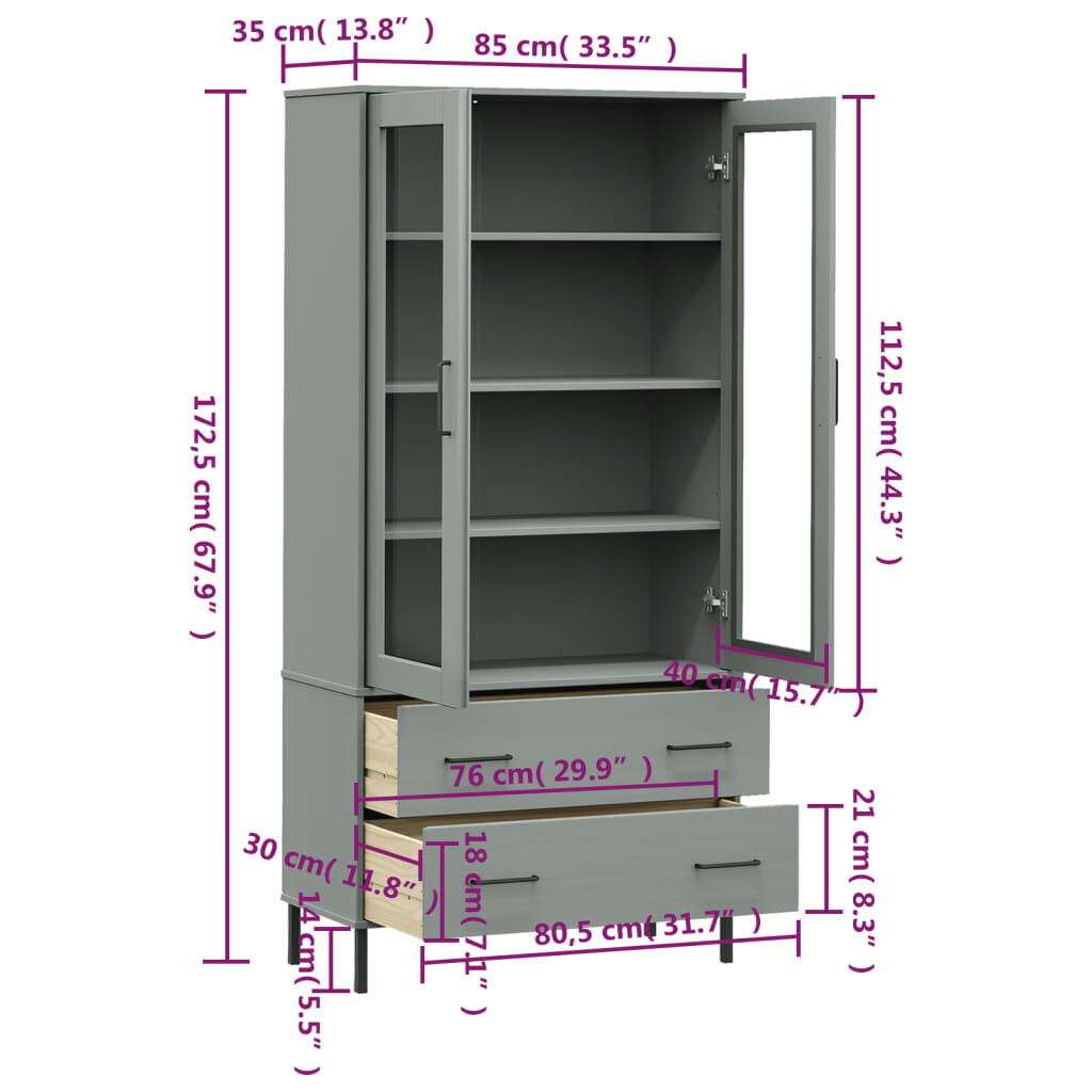 vidaXL Βιβλιοθήκη OSLO Γκρι 85x35x172,5 εκ. Μασίφ Ξύλο με Μεταλ. Πόδια