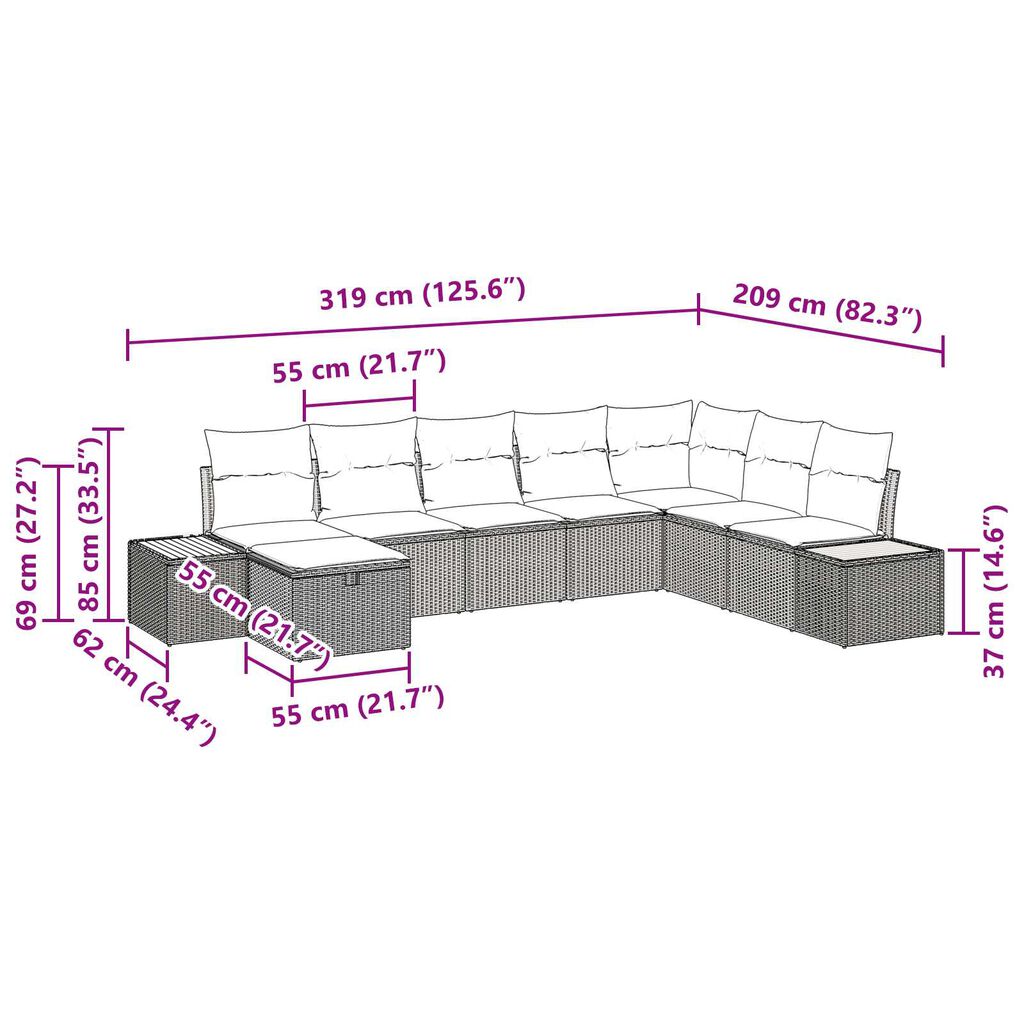 vidaXL Σετ Καναπέ Κήπου με μαξιλάρι 8 pcs Μπεζ Πολυ ράταν
