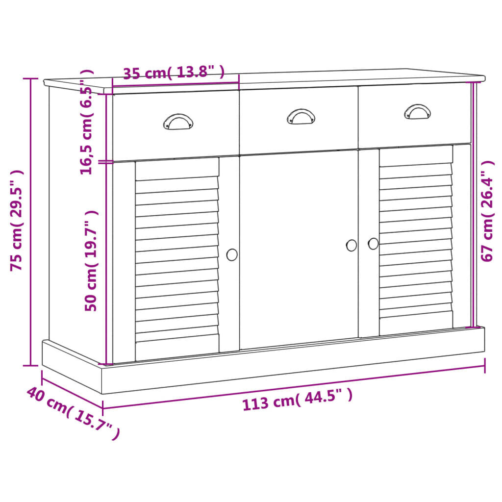 vidaXL Μπουφές με Συρτάρια VIGO Γκρι 113x40x75 εκ. Μασίφ Ξύλο Πεύκο