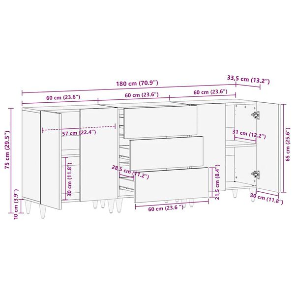 vidaXL Sideboards 3 τεμάχια 60x33,5x75 cm μασίφ ξύλο Mango