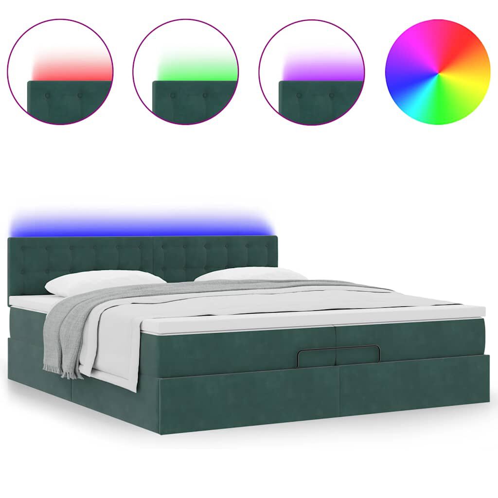 vidaXL Οθωμανικό κρεβάτι με στρώματα & LEDs Σκούρο πράσινο Βελούδο