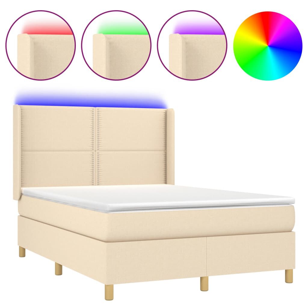 vidaXL Κρεβάτι Boxspring με Στρώμα & LED Κρεμ 140x190 εκ. Υφασμάτινο