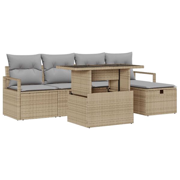 vidaXL Σετ Καναπέ Κήπου με μαξιλάρι 6 pcs Μπεζ Πολυ ράταν