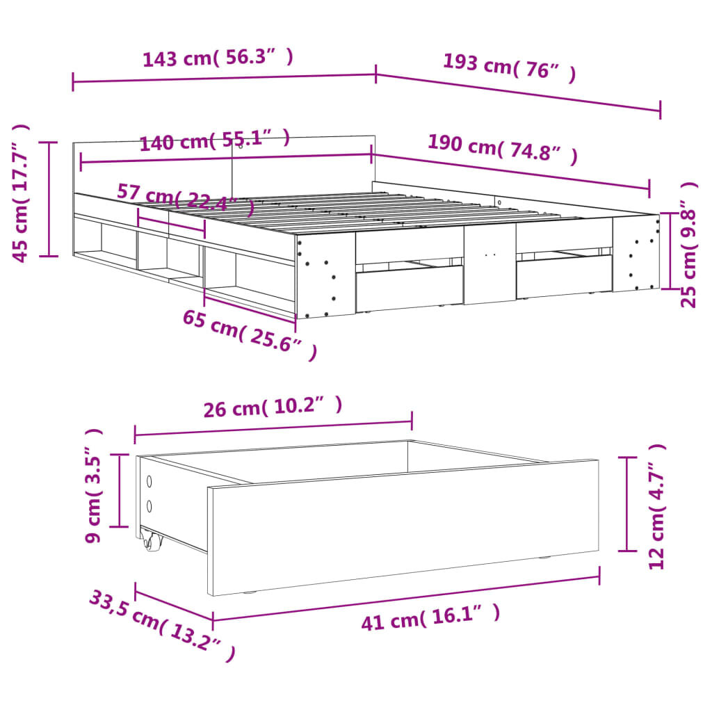 vidaXL Πλαίσιο Κρεβατιού με συρτάρια Γκρι sonoma 140x190εκ. Επεξ. Ξύλο