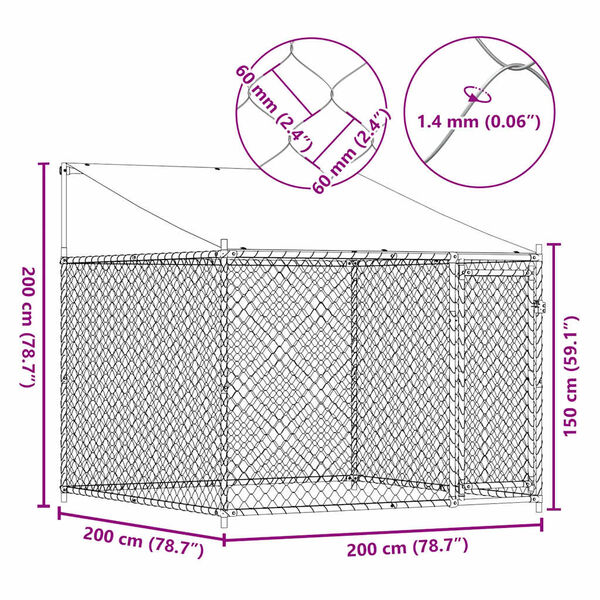 vidaXL Κλουβί Σκύλου με Οροφή και Πόρτες Γκρι 2x2x2 μ. Γαλβ. Χάλυβας