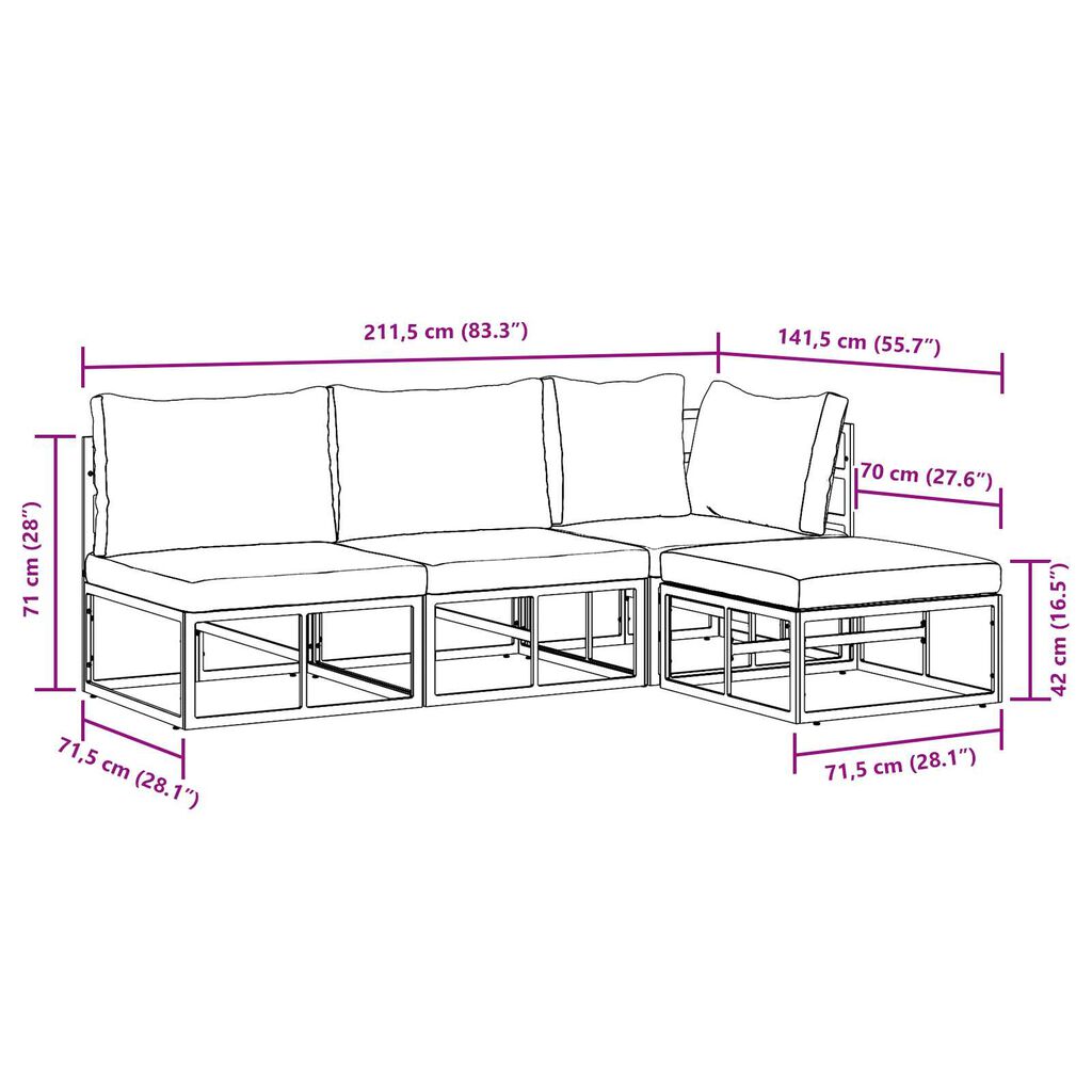 vidaXL Σετ Καναπέ Κήπου 4 pcs Μαύρο 211.5 x 141.5 x 71 εκ Αλουμίνιο