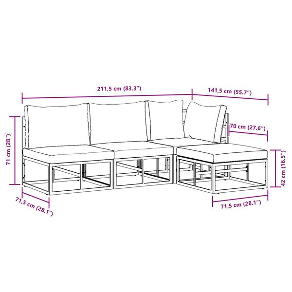 vidaXL Σετ Καναπέ Κήπου 4 pcs Μαύρο 211.5 x 141.5 x 71 εκ Αλουμίνιο