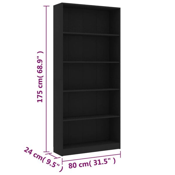 vidaXL Βιβλιοθήκη με 5 Ράφια Μαύρη 80 x 24 x 175 εκ. από Επεξ. Ξύλο