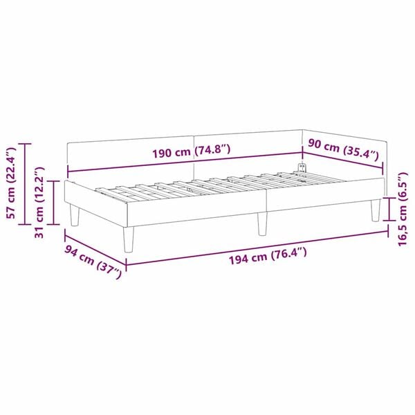 vidaXL Πλαϊνό Κρεβάτι με κεφαλάρι Σκούρο γκρι 90 x 190 cm