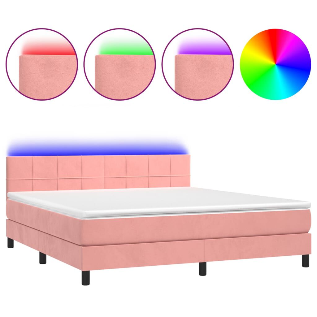 vidaXL Κρεβάτι Boxspring με Στρώμα & LED Ροζ 180x200 εκ. Βελούδινο