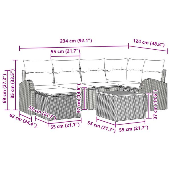 vidaXL Σετ Καναπέ Κήπου με μαξιλάρι 7 pcs Μαύρο Πολυ ράταν
