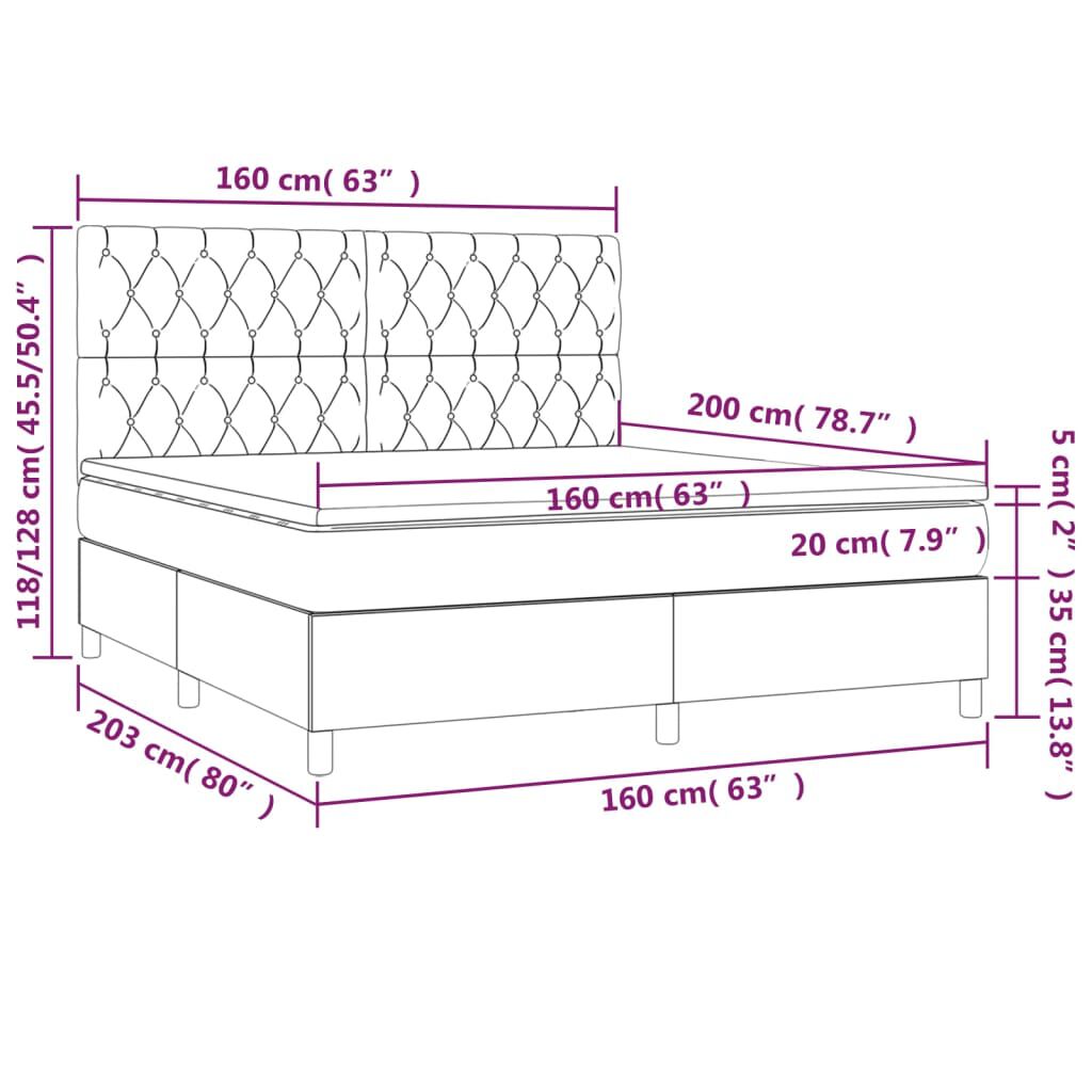 vidaXL Κρεβάτι Boxspring με Στρώμα & LED Σκ. Πράσινο 160x200εκ Βελούδο