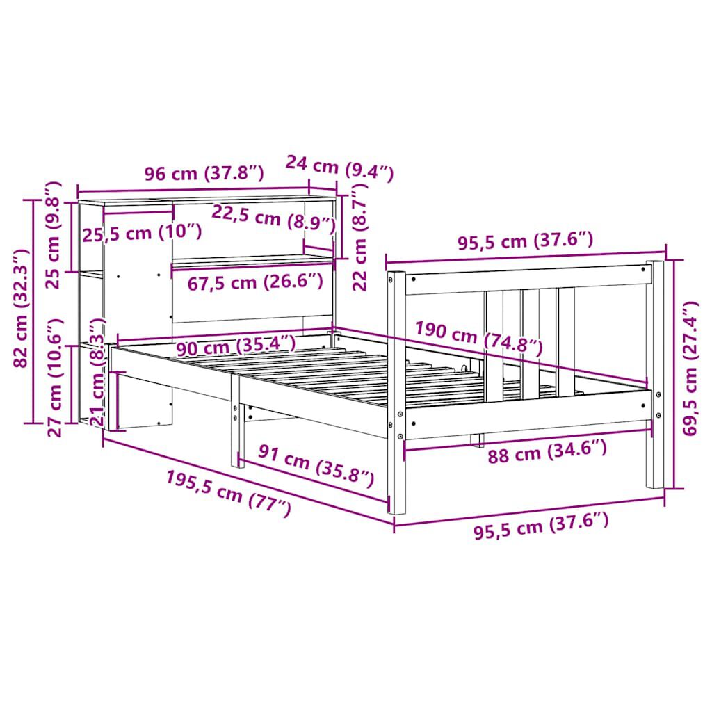 vidaXL Κρεβάτι Βιβλιοθήκη Χωρίς Στρώμα 90x190 εκ Μασίφ Ξύλο Πεύκου