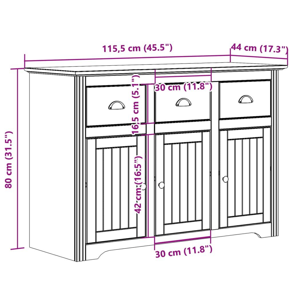 vidaXL Μπουφές BODO Γκρι 115,5x44x80 εκ. από Μασίφ Ξύλο Πεύκου