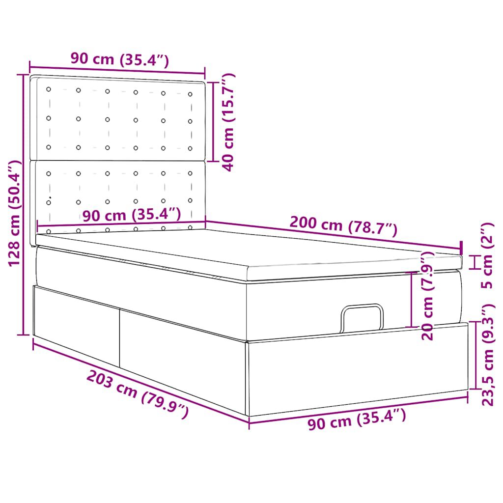 vidaXL Οθωμανικό κρεβάτι με στρώματα & LEDs Μαύρο 90x200cm Velvet