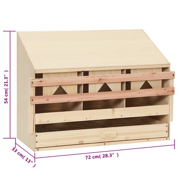 vidaXL Φωλιά για Κότες με 3 Θέσεις 72x33x54 εκ. από Μασίφ Ξύλο Πεύκου
