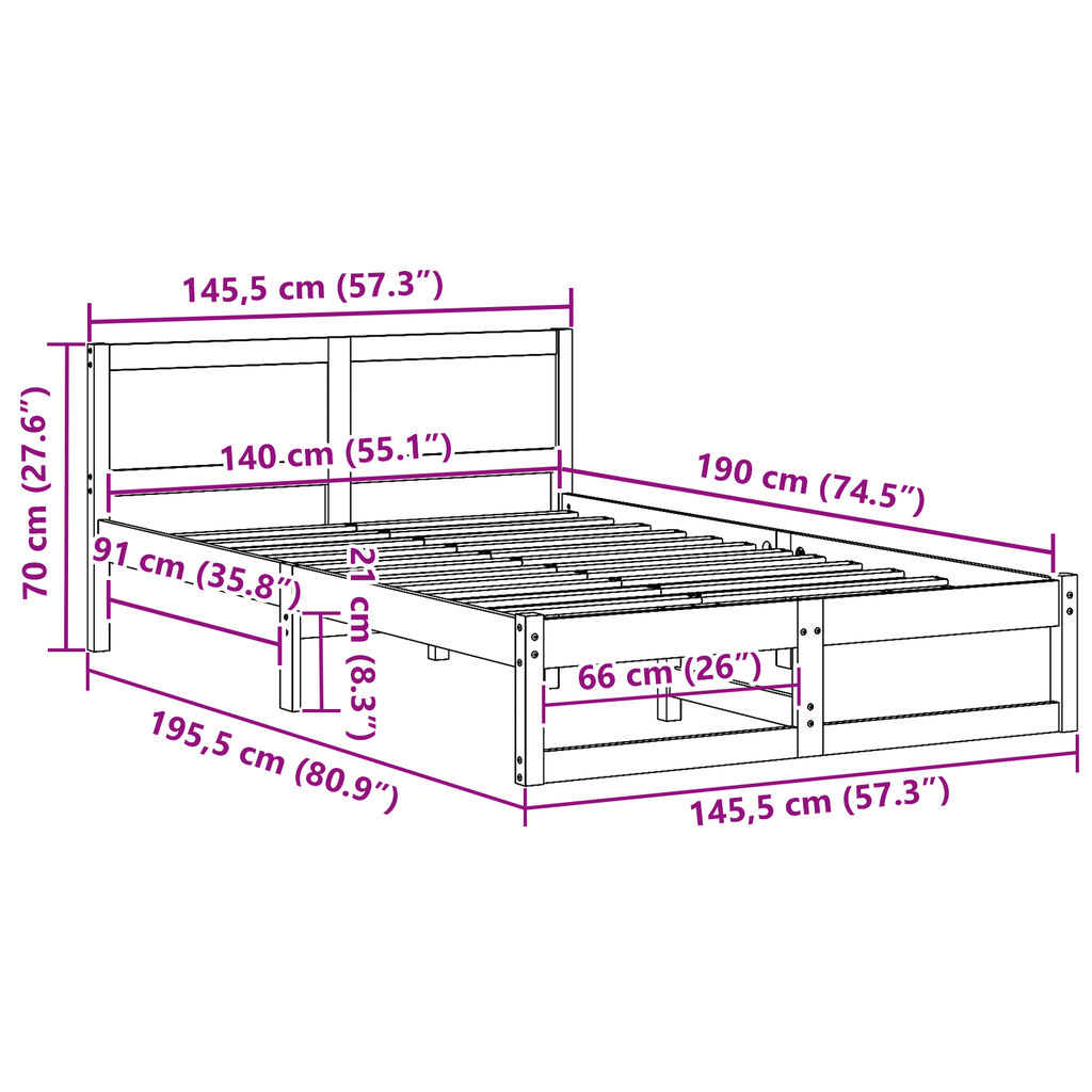 vidaXL Κρεβάτι Φυσικό Μασίφ Ξύλο Πεύκου 140 x 190 εκ. Κρεβάτι