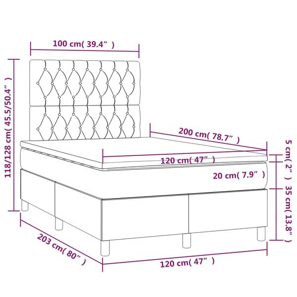 vidaXL Κρεβάτι Boxspring με Στρώμα & LED Σκ. Πράσινο 120x200εκ Βελούδο