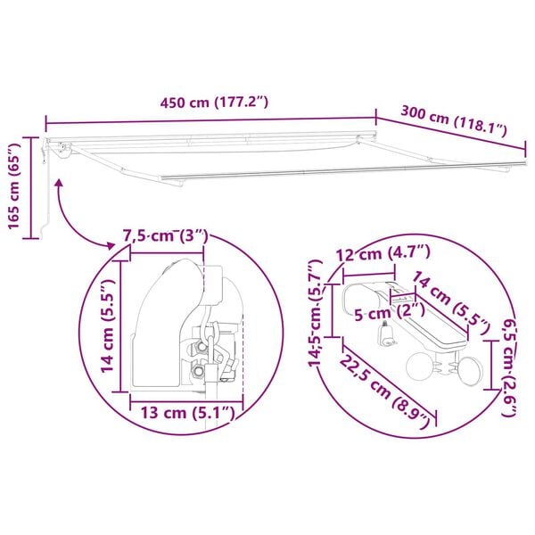 vidaXL Αυτόματη Ανασυρόμενη Τέντα με LED Πολύχρωμη Ρίγα 450x300 εκ.