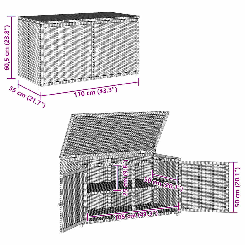 vidaXL Ντουλάπι Αποθήκευσης Κήπου Γκρι 110x55,5x60,5 εκ. Συνθ. Ρατάν