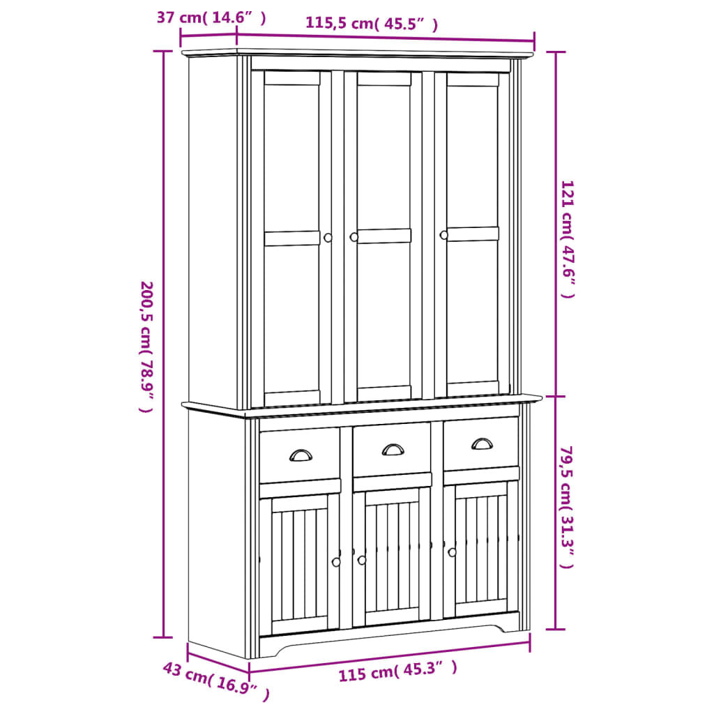 vidaXL Μπουφές BODO Λευκός 115,5x43x200,5 εκ. από Μασίφ Ξύλο Πεύκου