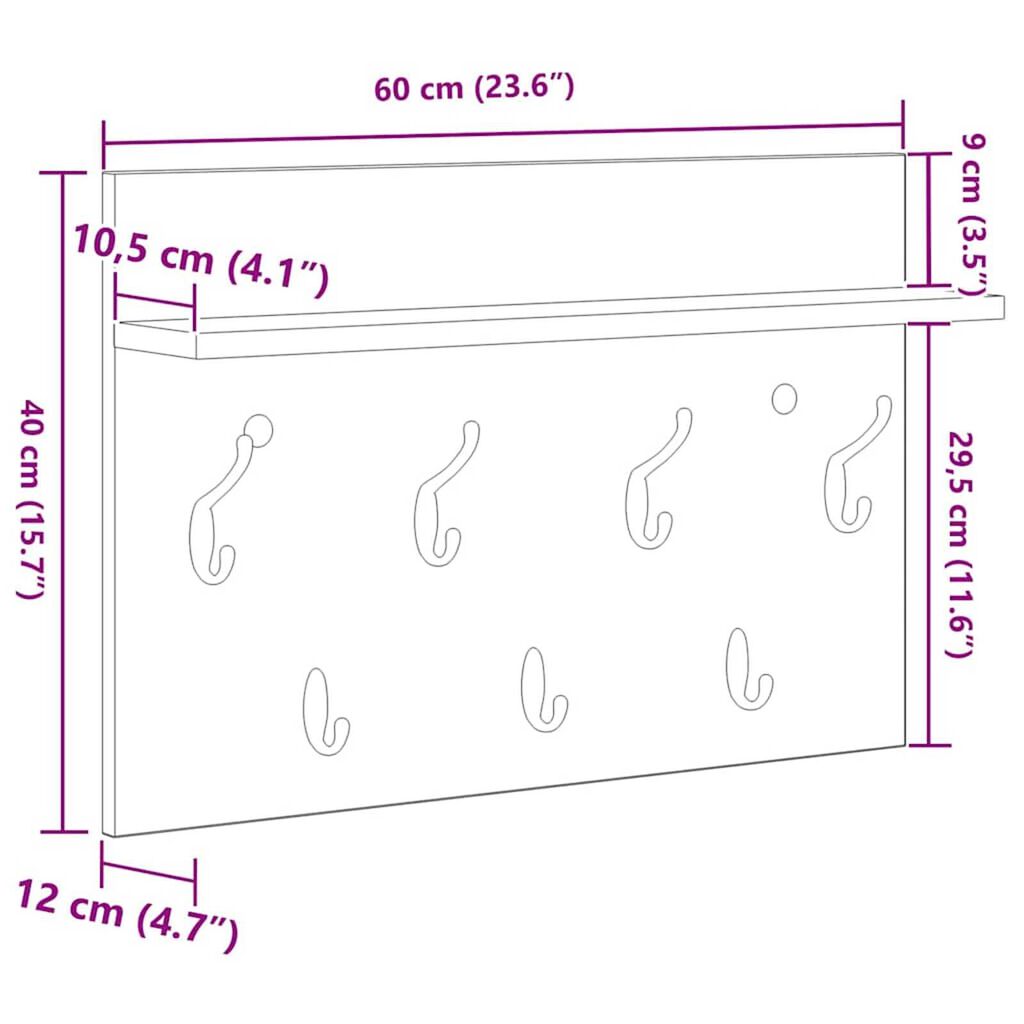 vidaXL Τοίχου Κρεμάστρα Μαύρη δρυς 60 x 40 x 12 cm Επεξεργασμένο ξύλο