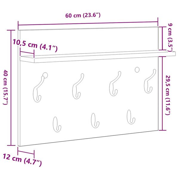 vidaXL Τοίχου Κρεμάστρα Μαύρη δρυς 60 x 40 x 12 cm Επεξεργασμένο ξύλο