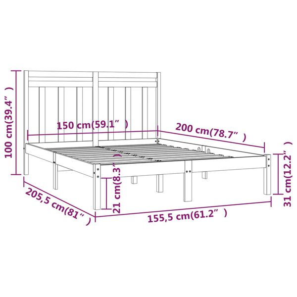 vidaXL Πλαίσιο Κρεβατιού Μαύρο 150 x 200 εκ. Μασίφ Ξύλο King Size